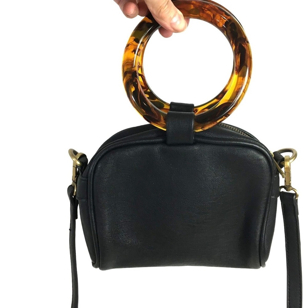 Anthropologie Crossbody Bag Faux Tortoise Shell Handle Faux Leather Black